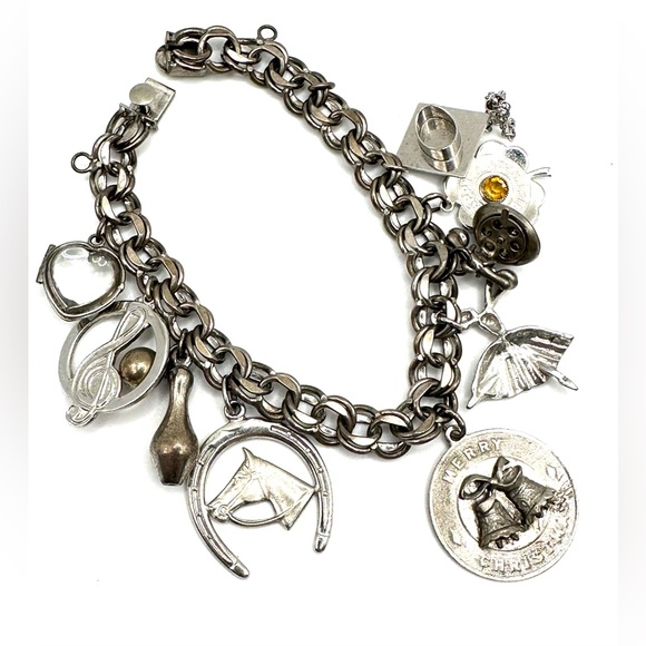 Vintage 1960s Sterling Silver 925 Double Linked Charm Bracelet with 9 Charms - Picture 1 of 11